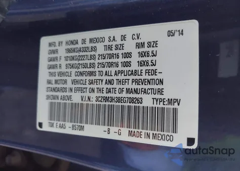 2014 Honda Cr-V Lx from USA, damaged, VIN 3CZRM3H38EG708263